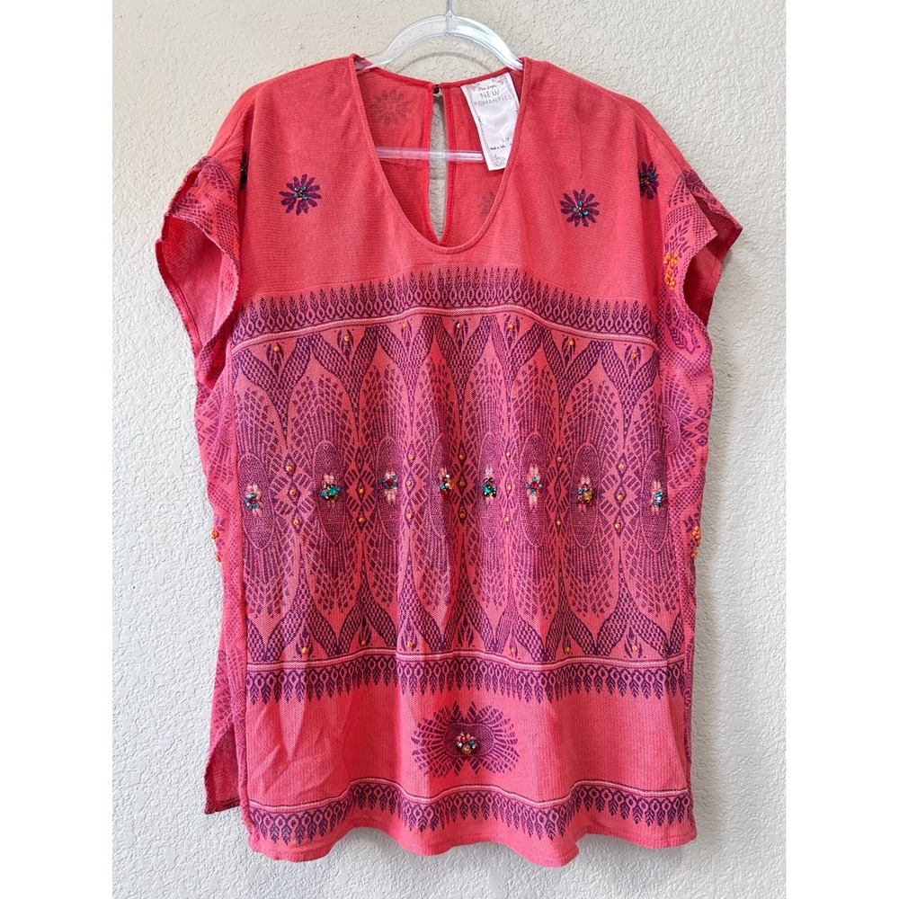 Free People S New Romantics Top Coral Pink Purple Beaded Boho Rhinestone western